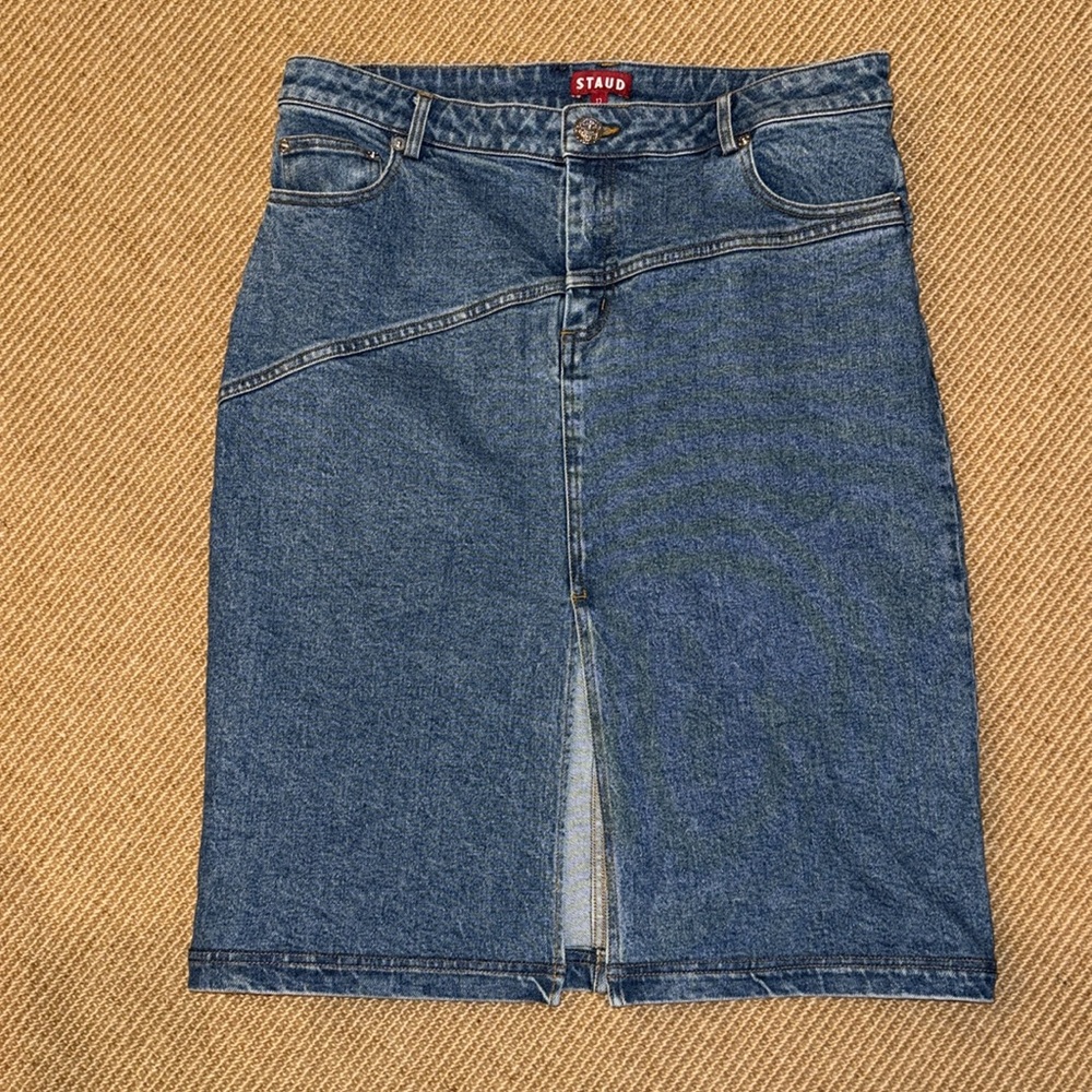 STAUD Denim Skirt with Front Slit Sz 12